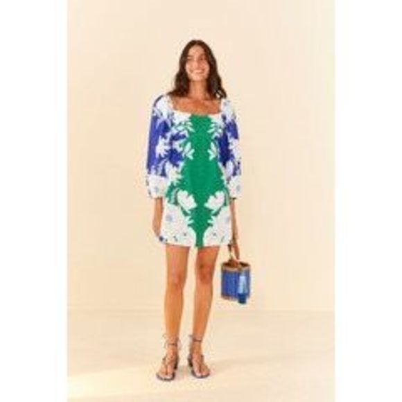 Farm Rio Soft Garden Puff-Sleeve Mini Dress Medium $190